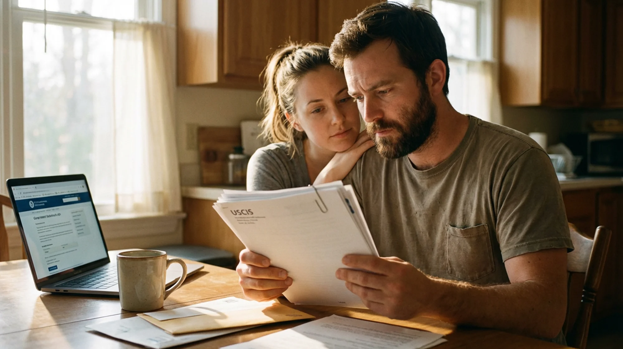 A couple reading documents from USCIS. A notebook with the visible USCIS website is in the background.