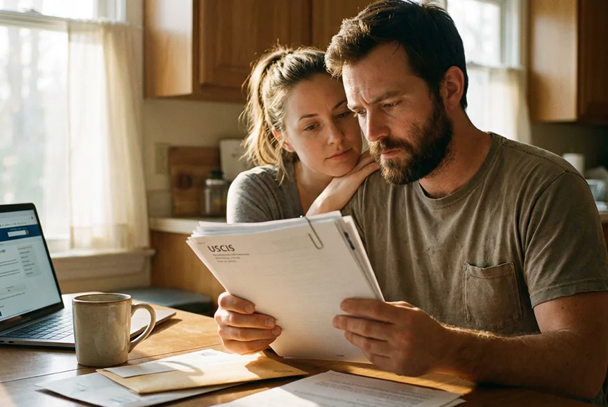 A couple reading documents from USCIS. A notebook with the visible USCIS website is in the background.