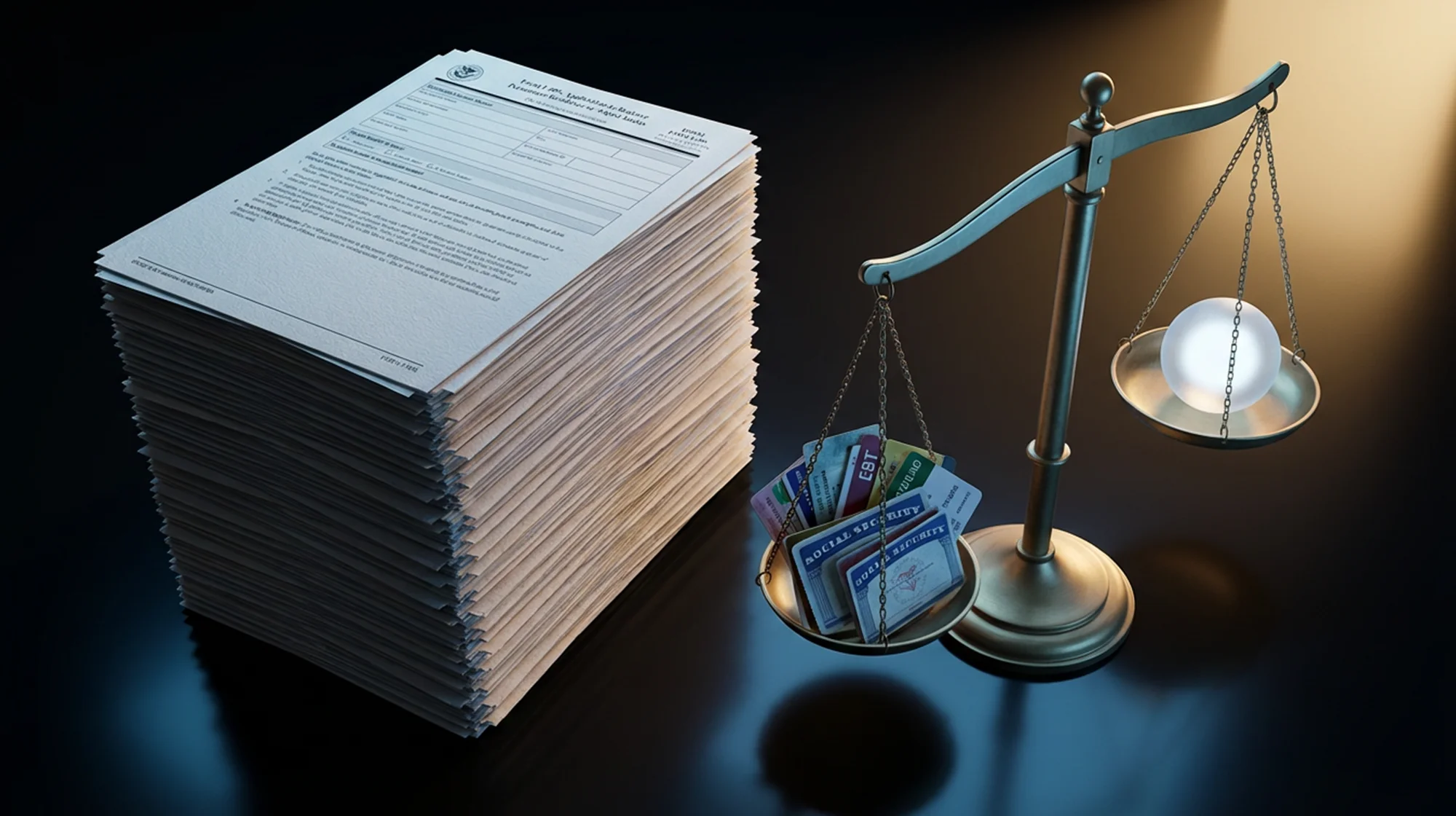 3D render of a desk on which there is a stack of USCIS documents and a scales with one side full of benefits and other with crystal ball.
