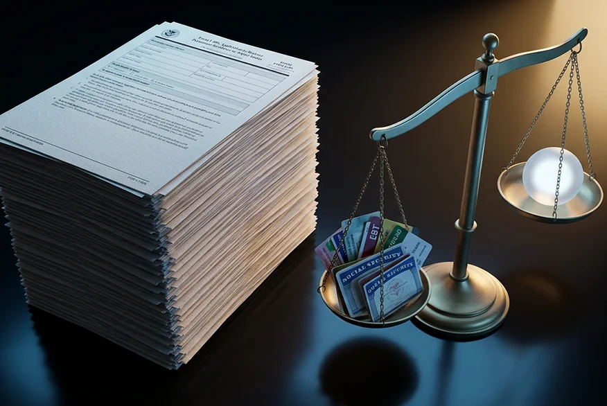 3D render of a desk on which there is a stack of USCIS documents and a scales with one side full of benefits and other with crystal ball.