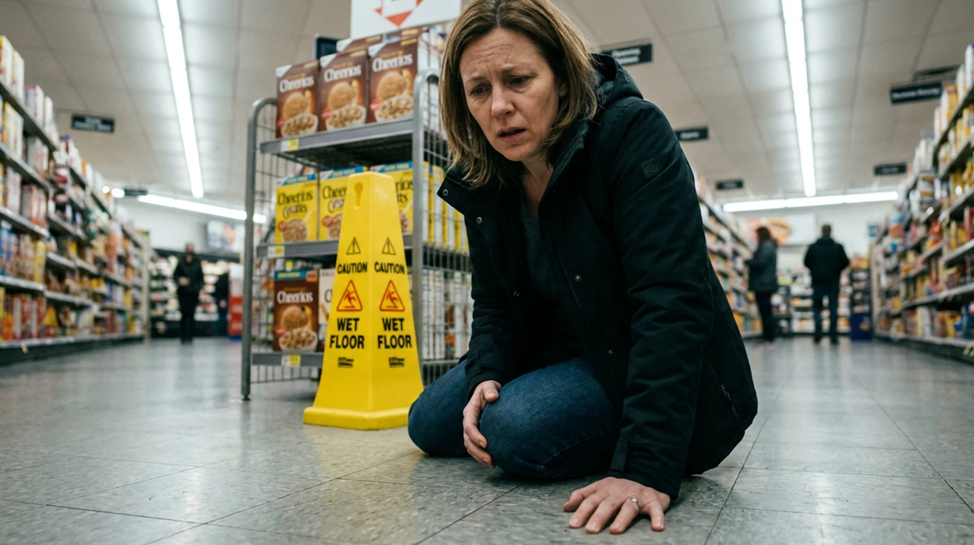 a woman fallen down in a grocery shop