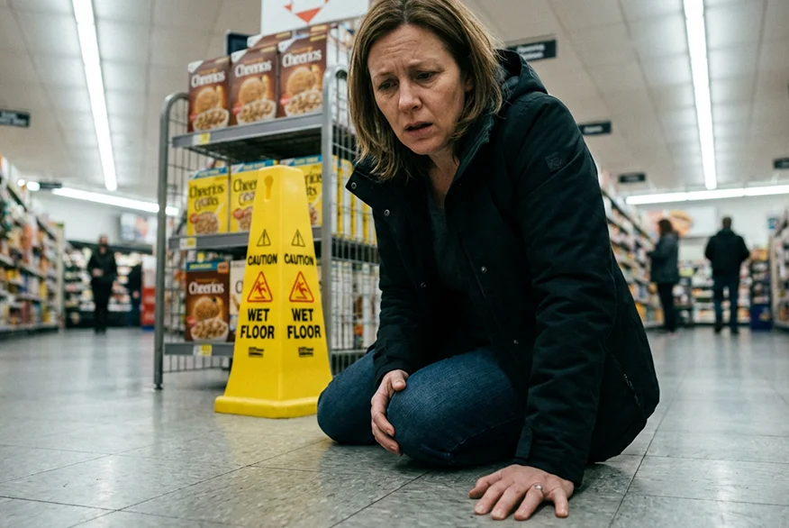a woman fallen down in a grocery shop