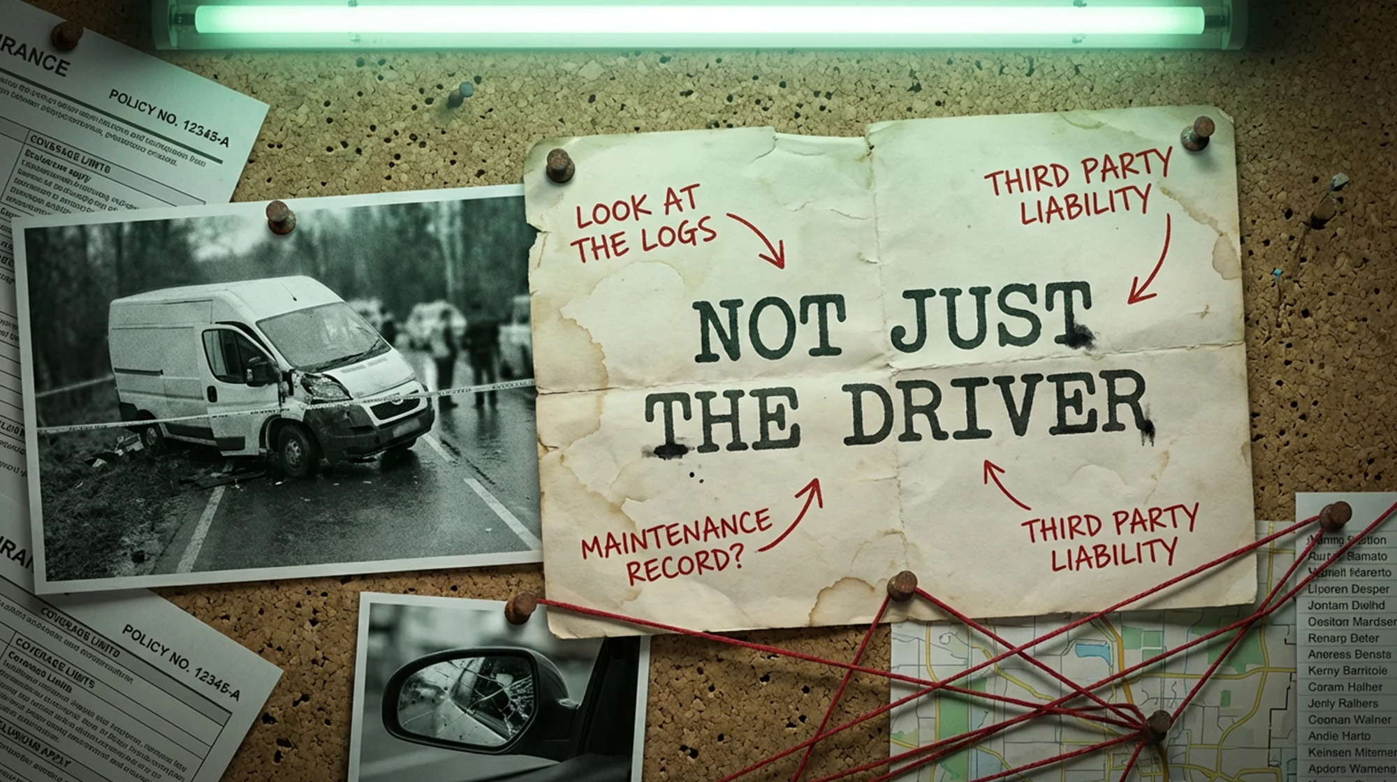 A board on the wall with the evidence collected by a accident lawyer