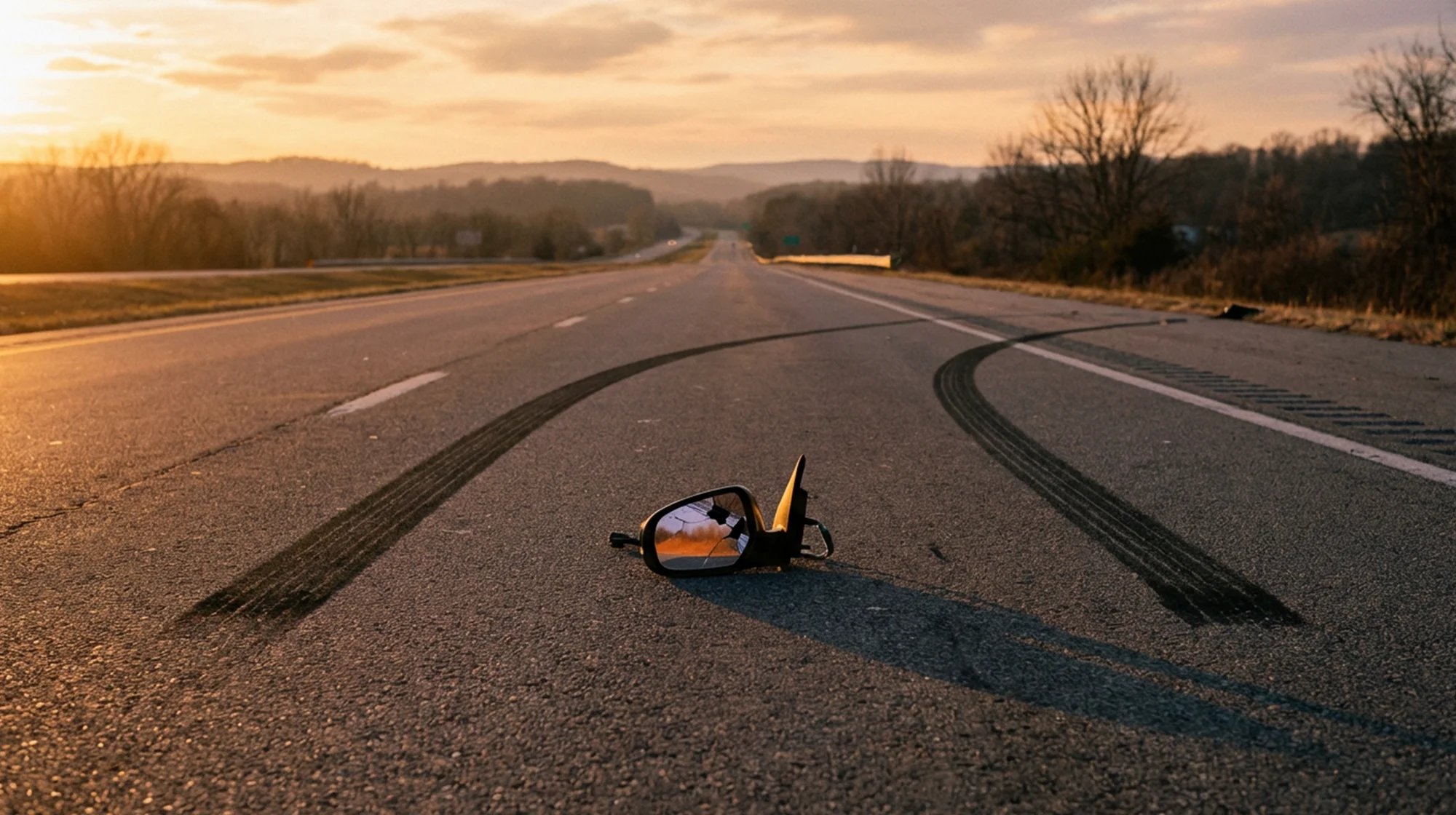 A broken car mirror in the middle of the road