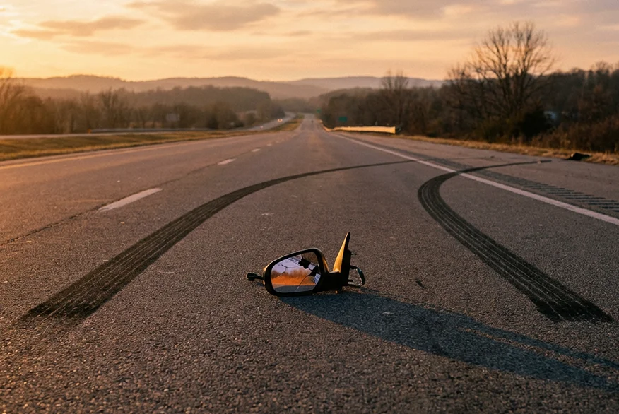 Un espejo de coche roto en medio de la carretera
