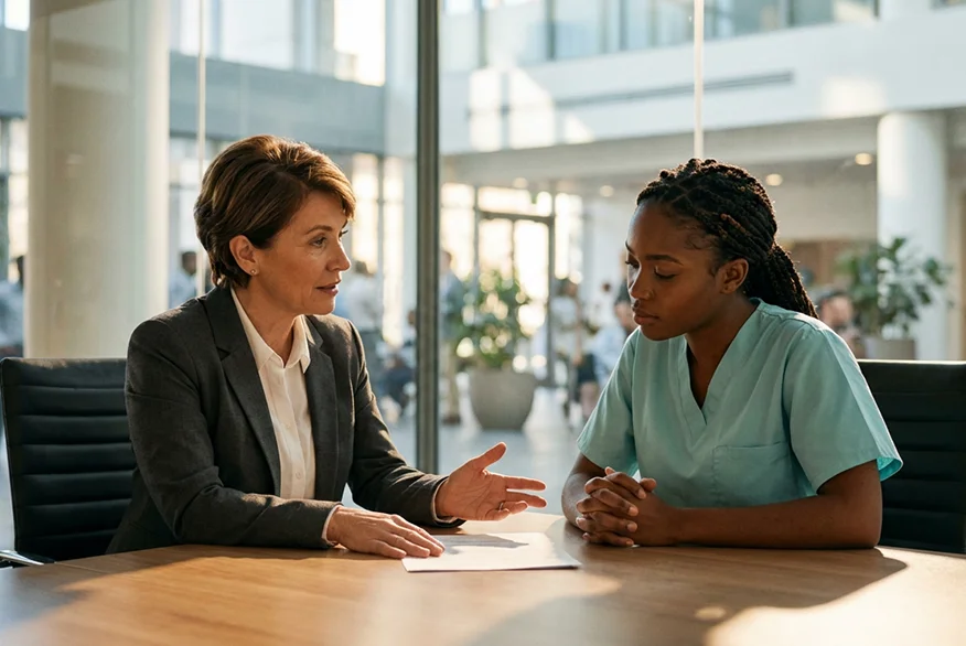 Two women talking to each other. 