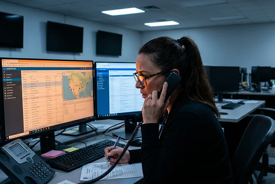 A female trucking dispatcher working alone in an empty office