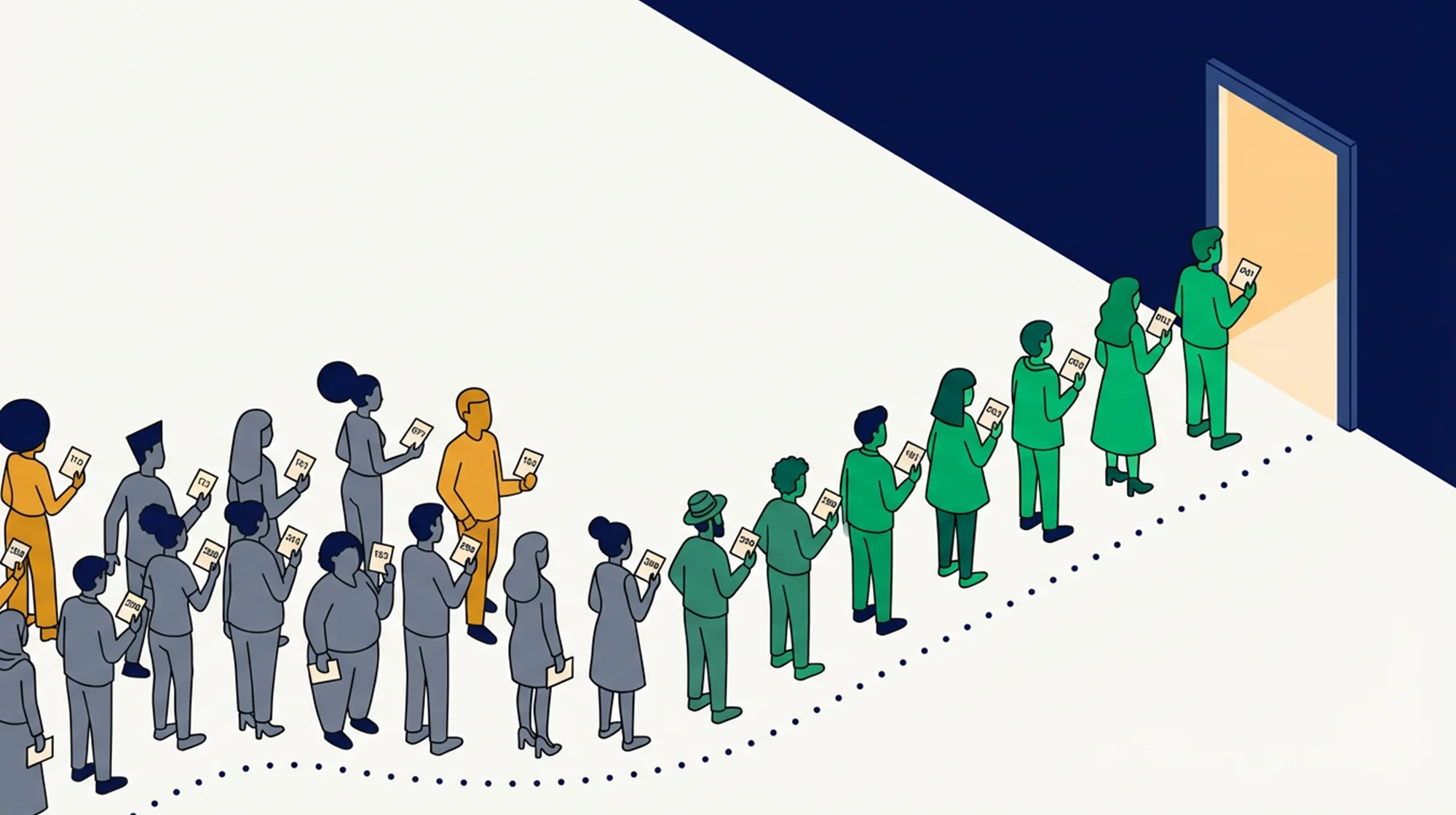 Infographic suggesting a live line of people colored in green, yellow and grey.