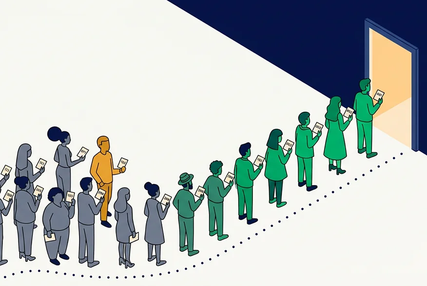 Infographic suggesting a live line of people colored in green, yellow and grey.