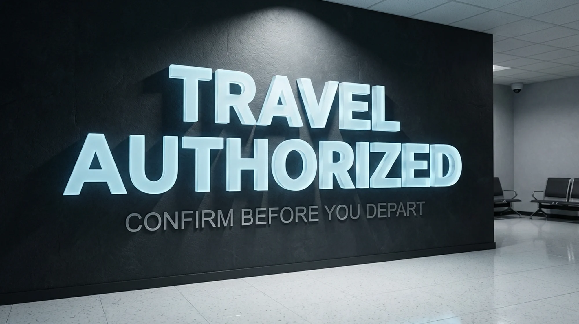 A 3D render of a wall with the text "Authorized to travel, confirm before departing"