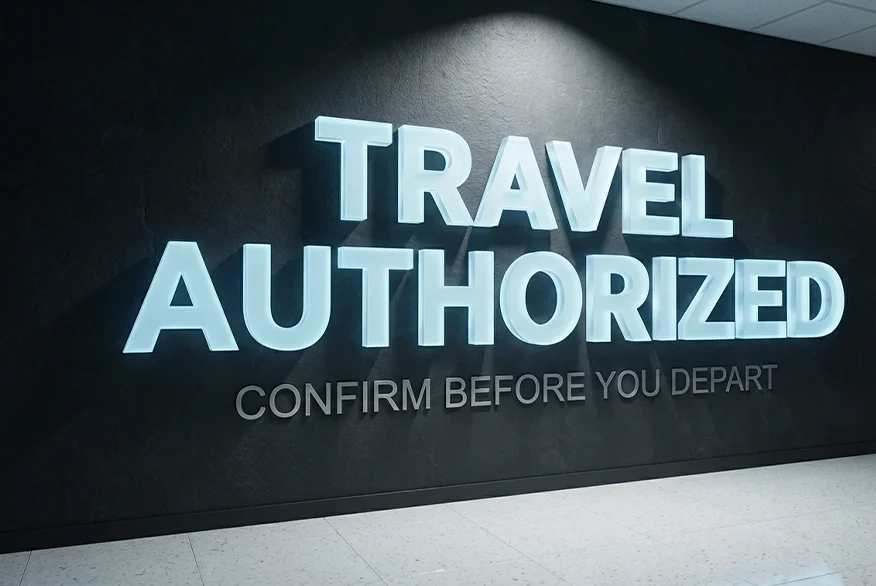 A 3D render of a wall with the text "Authorized to travel, confirm before departing"
