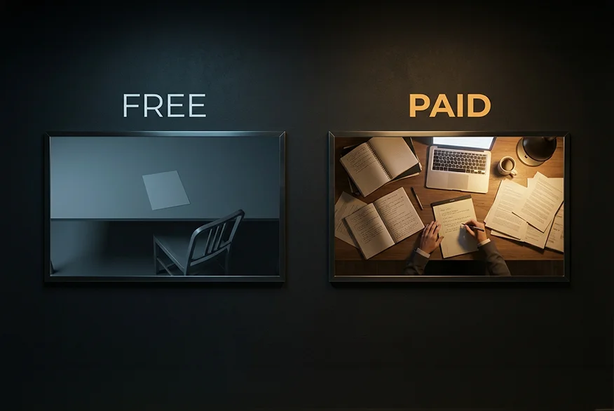 3d render of a wall on which there is a illustration of a free vs paid immigration consultation