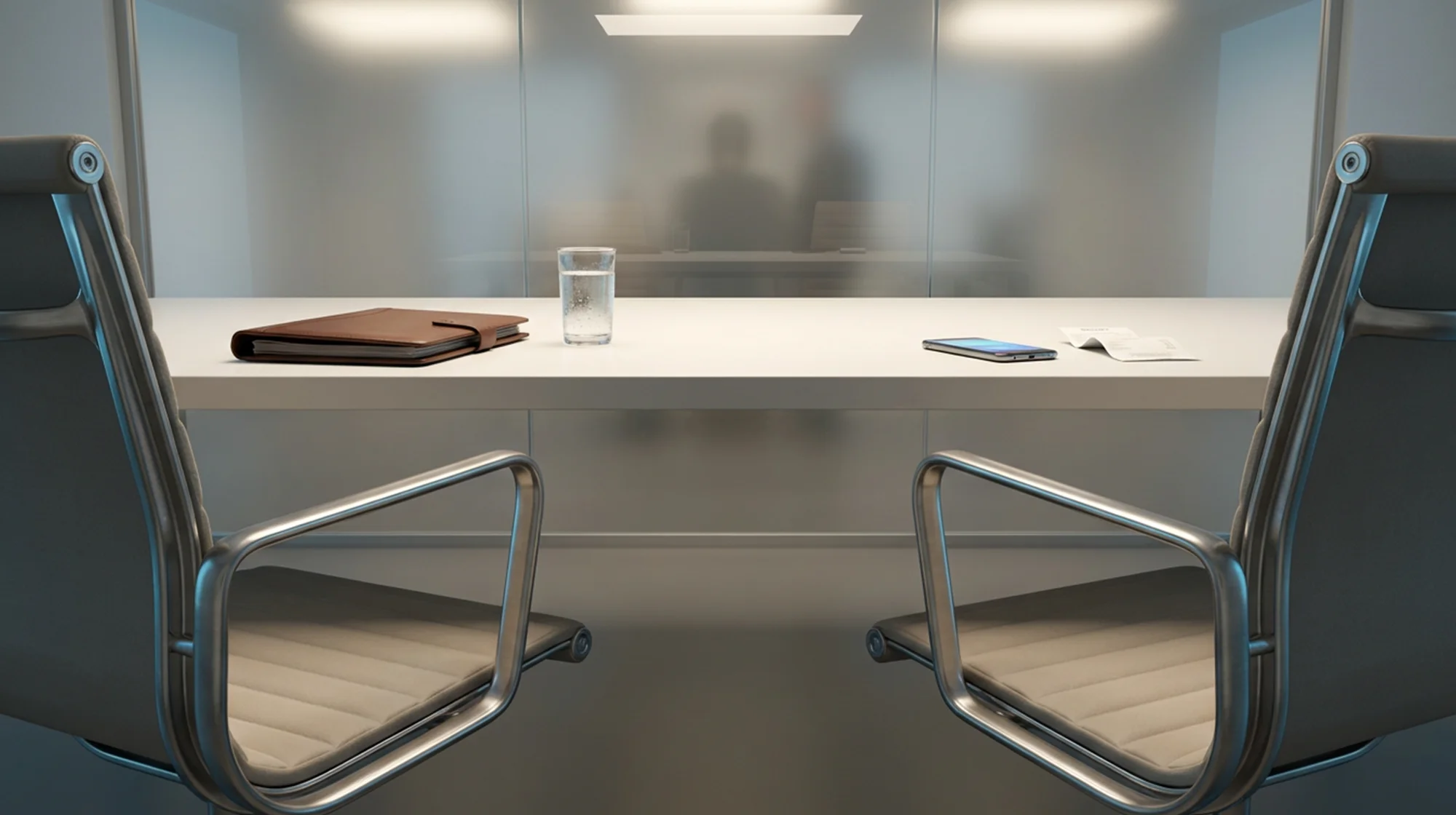 A lawyer's office. A table and two empty chairs.