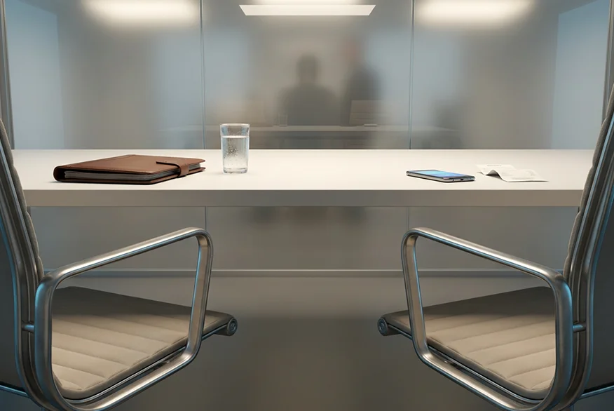 A lawyer's office. A table and two empty chairs.