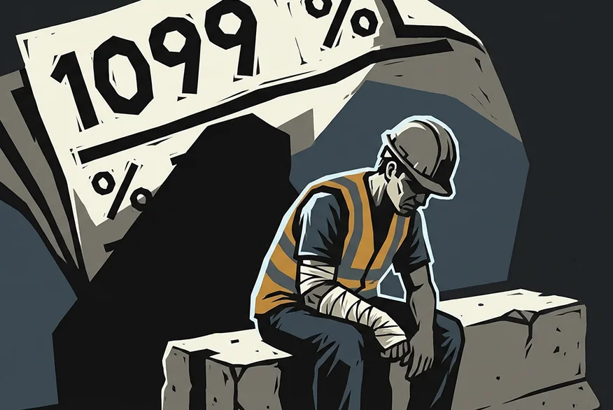 A illustration of a construction worker with a 1099 form on the background