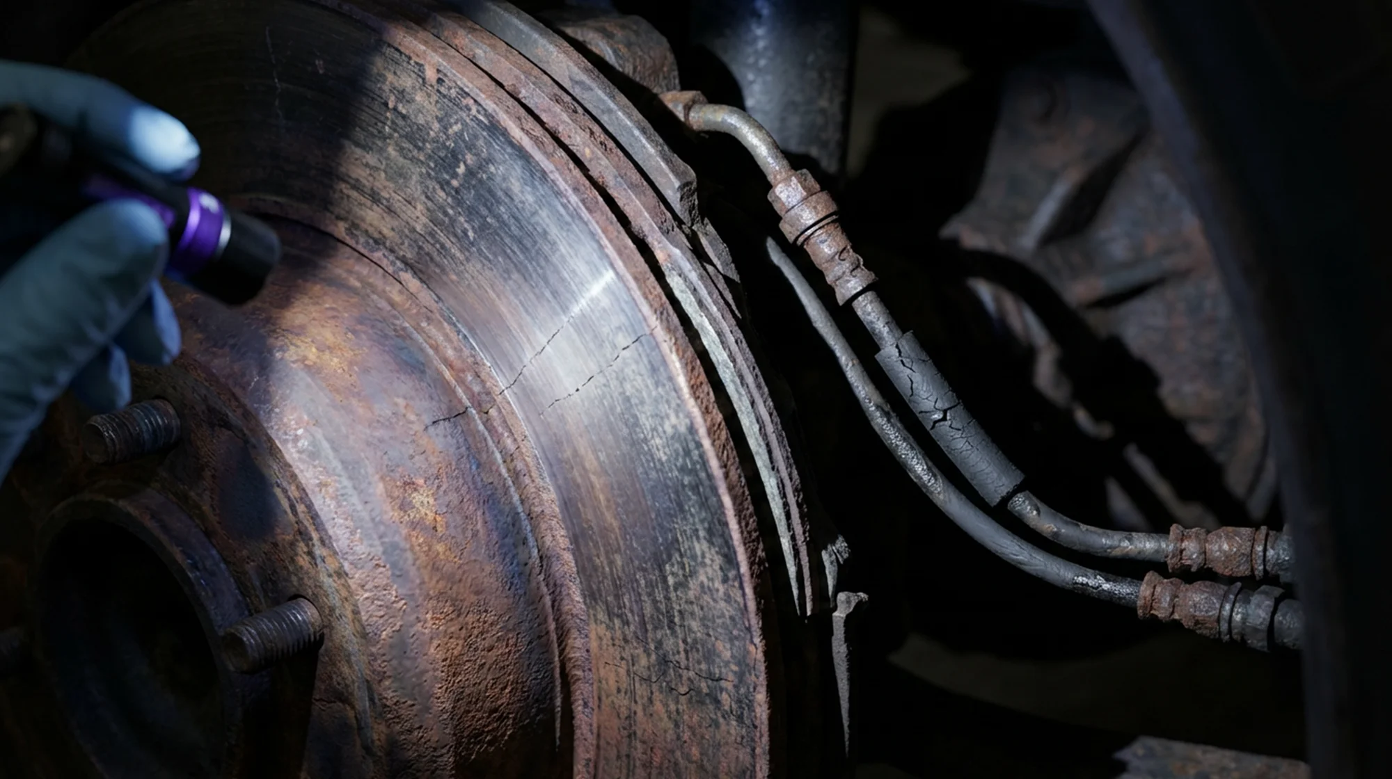 A close up picture of someone inspecting a damaged break disk of a semi truck.