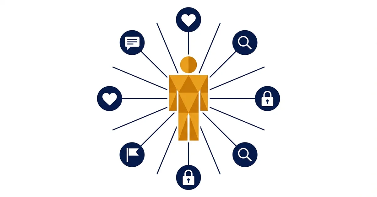 Infografía de una silueta humana rodeada de iconos relacionados con las redes sociales. 