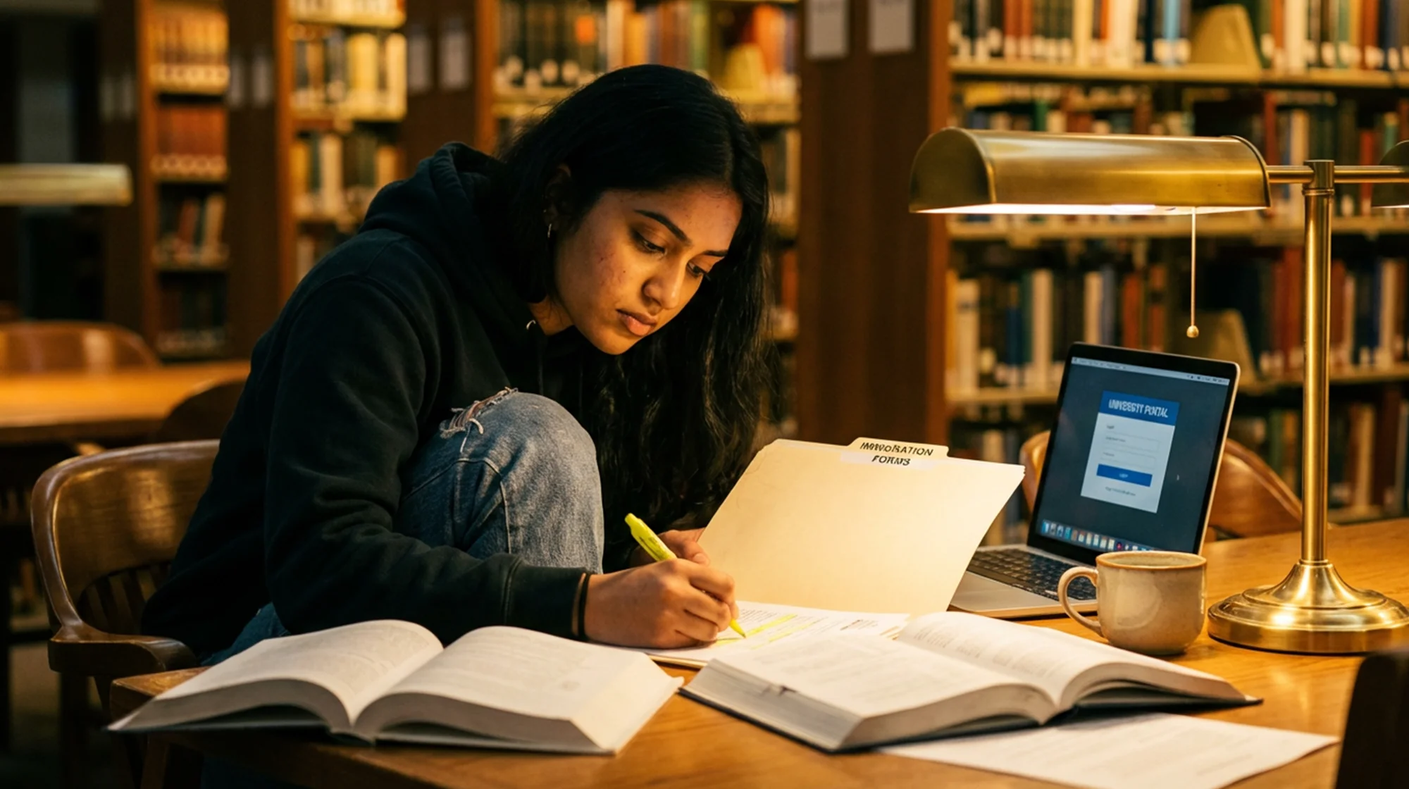 A student studying in a library.
