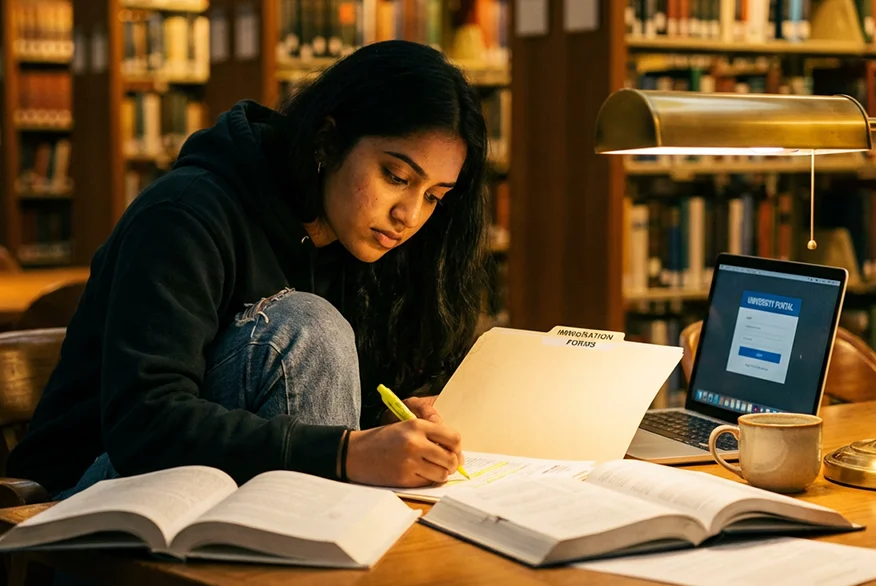 A student studying in a library. 