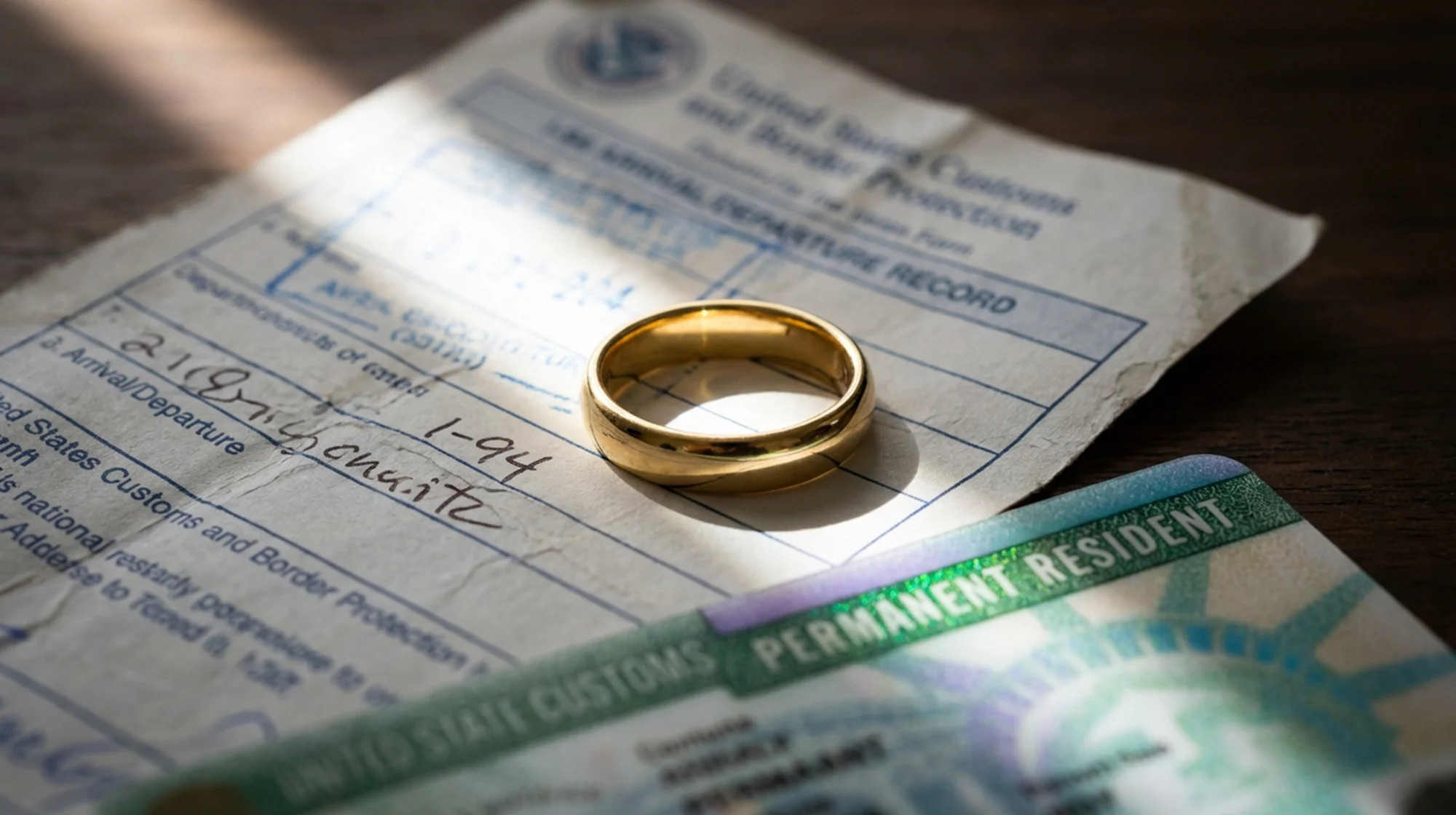 Un anillo de bodas cerca de una tarjeta de residente permanente y un formulario I-94.