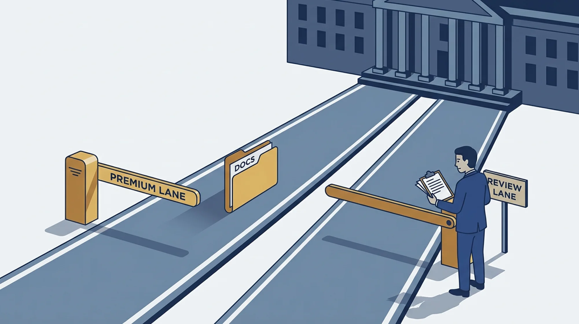 Illustration of two roads leading to a court house. One is a premium lane, the second is regular.