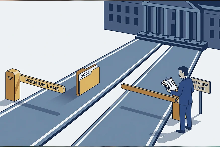 Illustration of two roads leading to a court house. One is a premium lane, the second is regular.