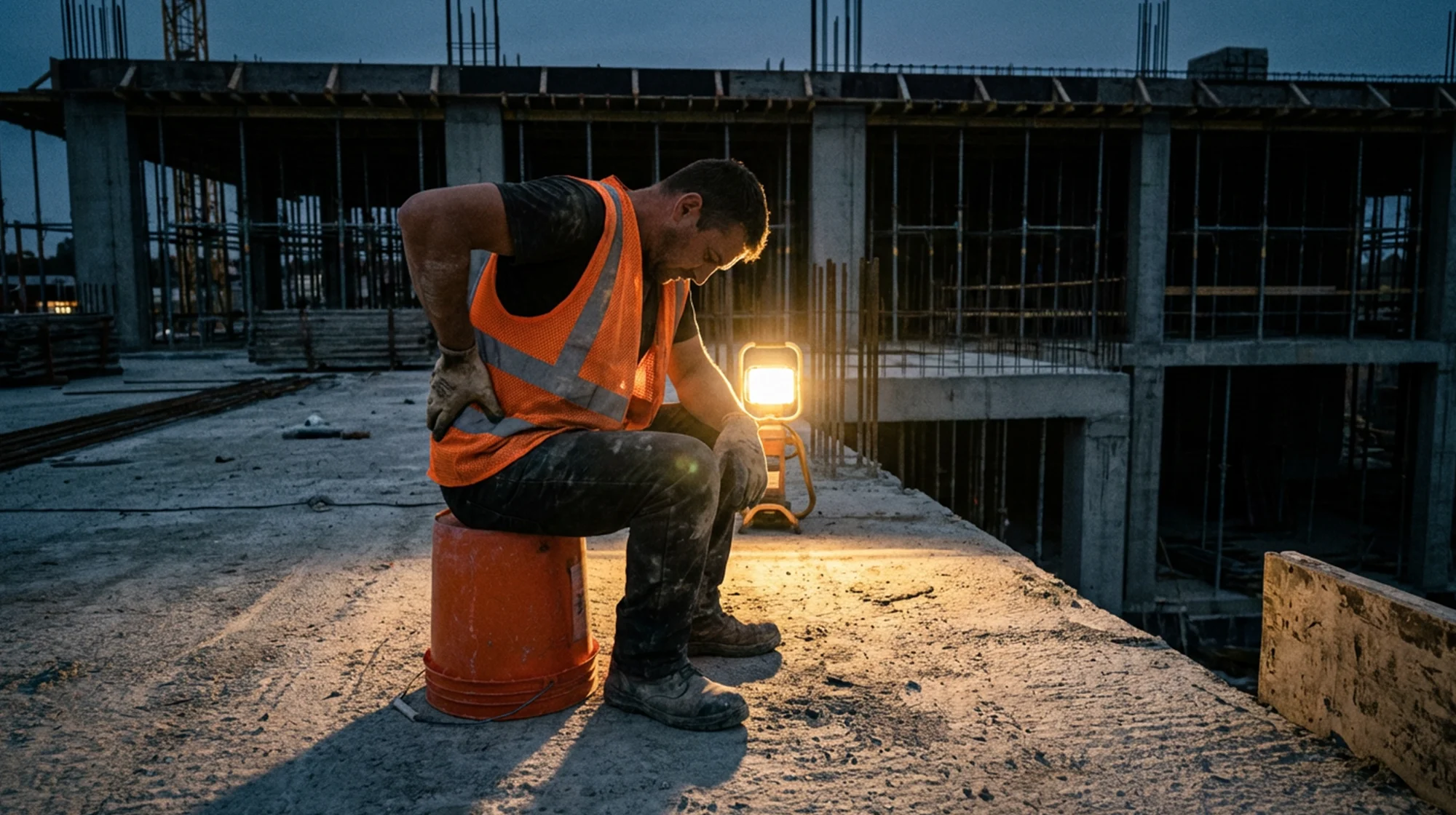 Un obrero de la construcción sujetando su espalda dolida.