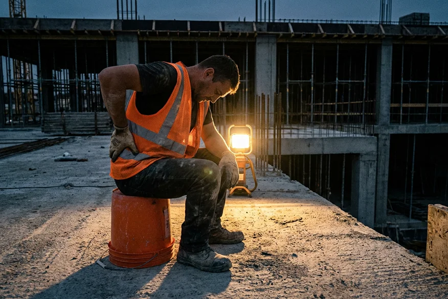 Un obrero de la construcción sujetando su espalda dolida.