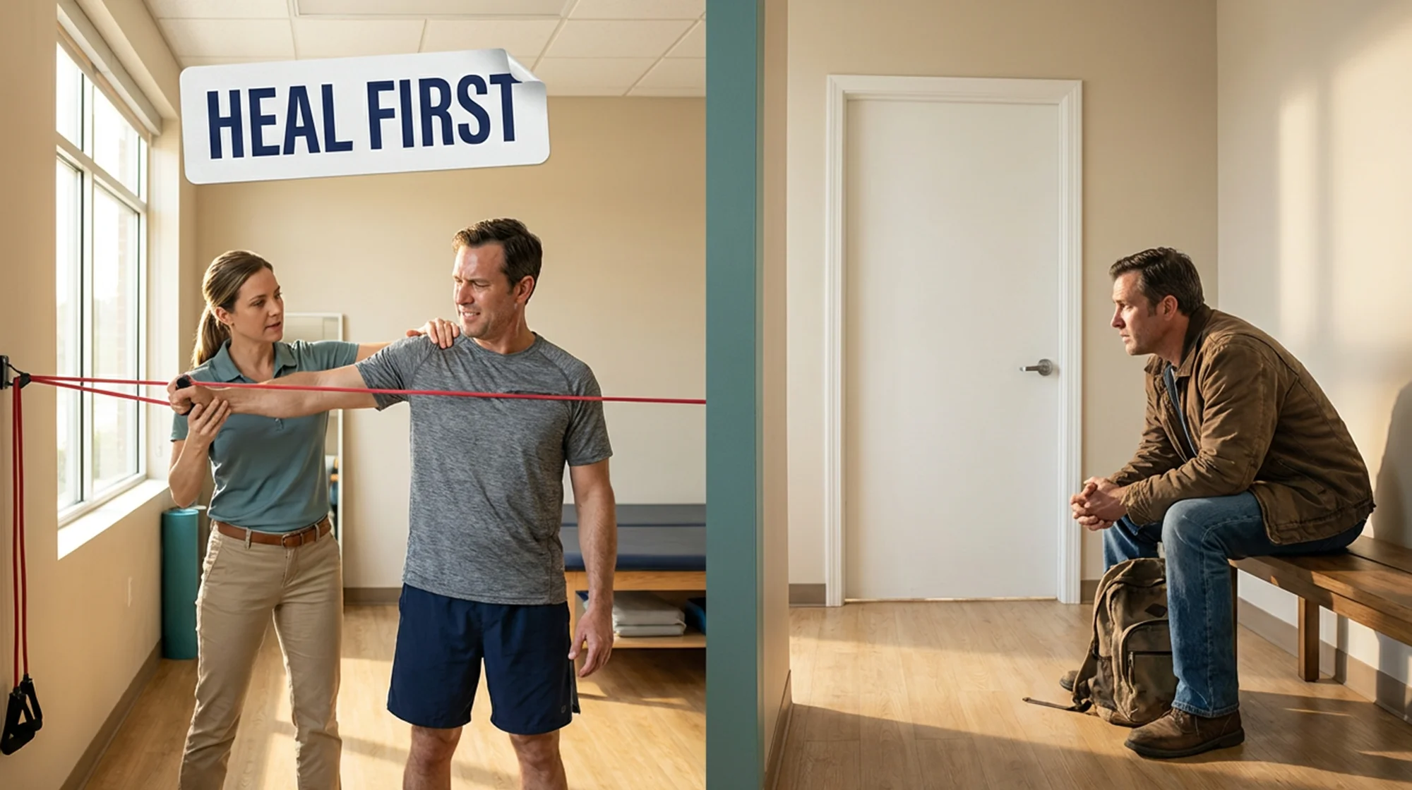 A split screen image. On one half a worker follows medical treatment, on the second another workers is in the waiting room.