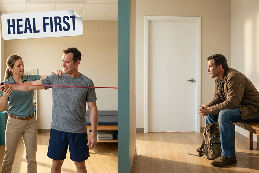 A split screen image. On one half a worker follows medical treatment, on the second another workers is in the waiting room.