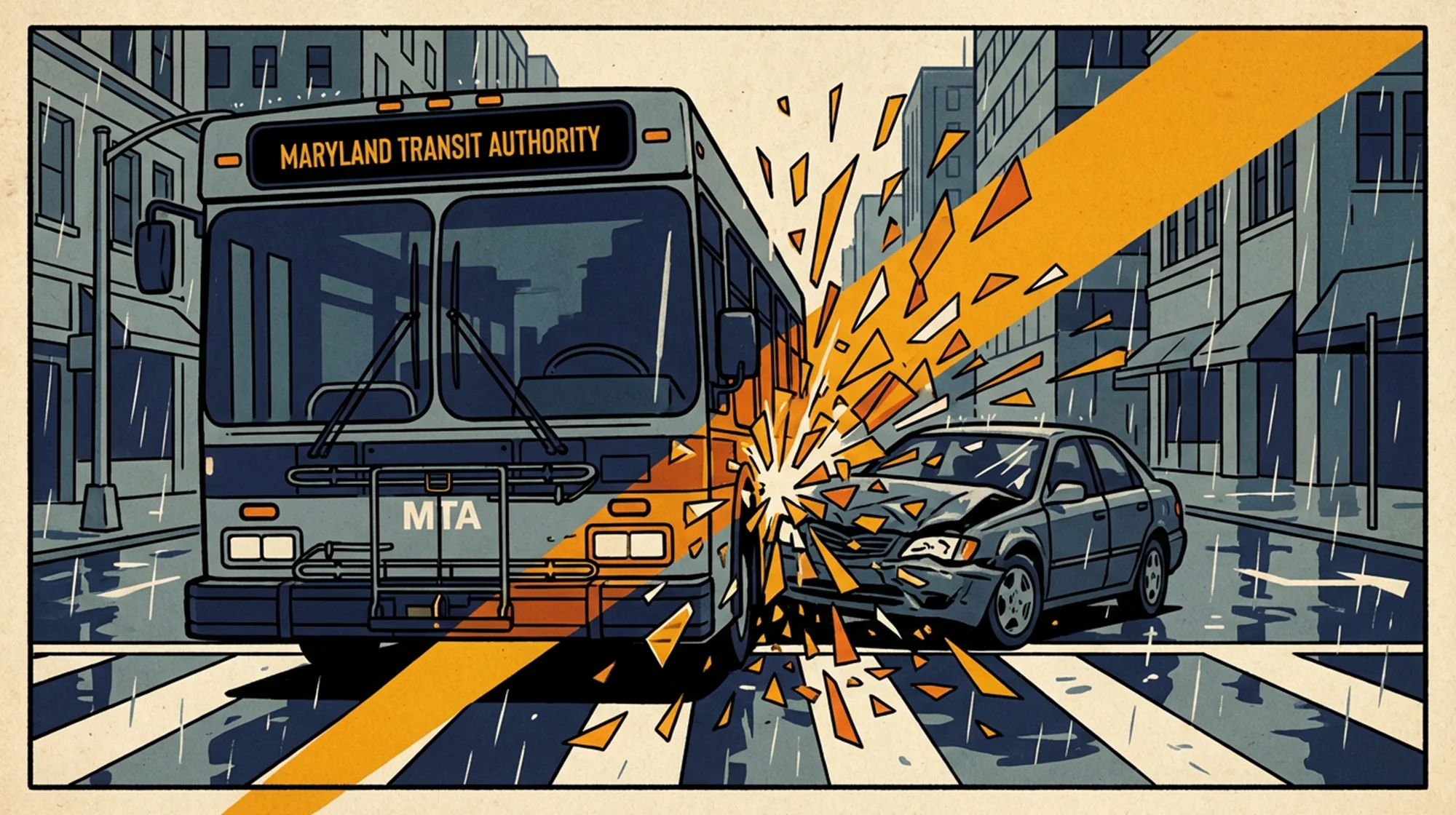 A illustration of an accident between a bus and a car