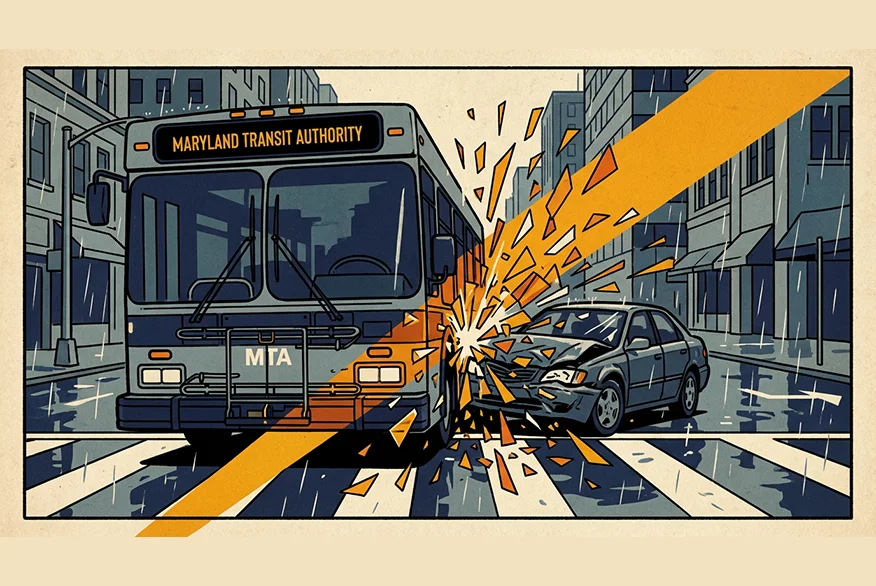 A illustration of an accident between a bus and a car