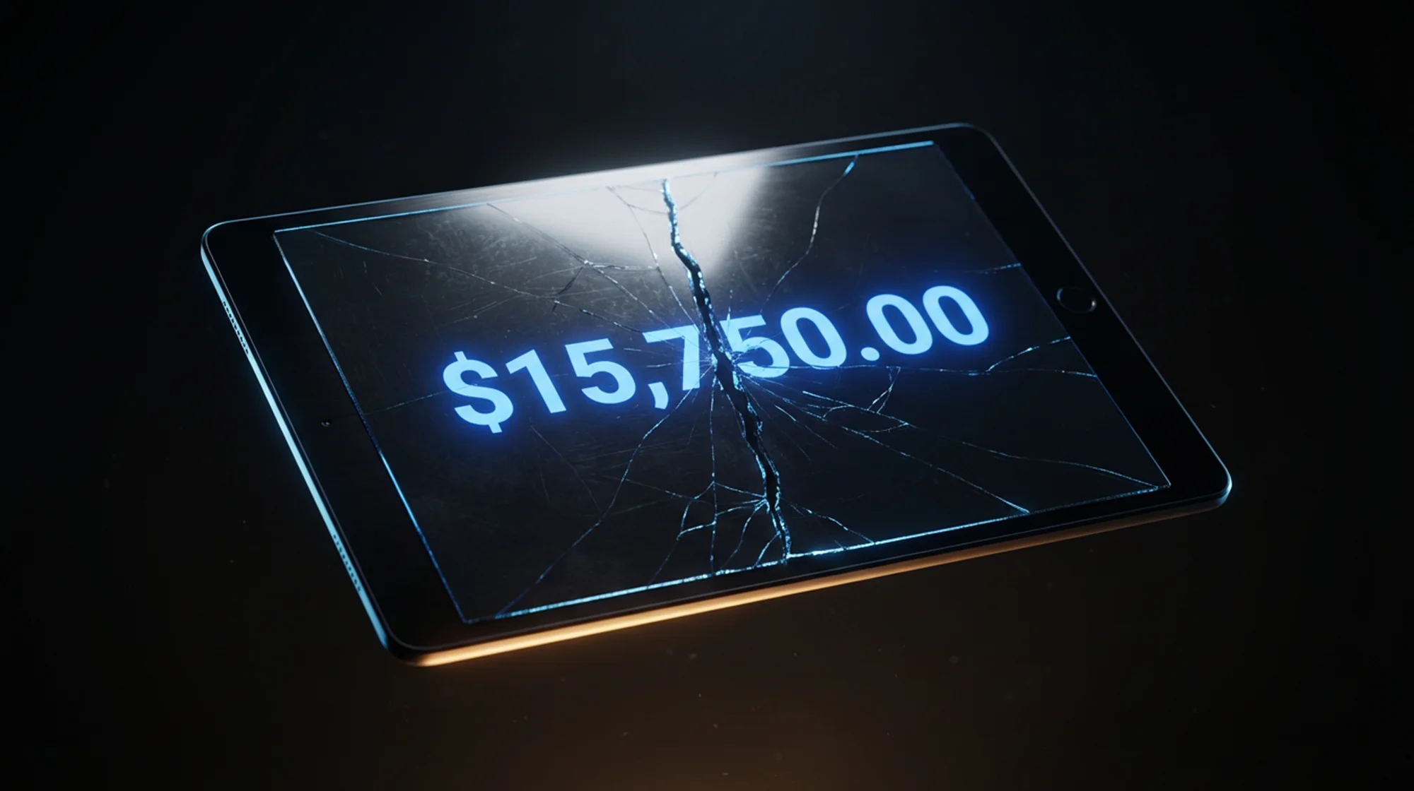 A 3D render of an ipad with broken glass with a symbolic big amount of money on the screen.
