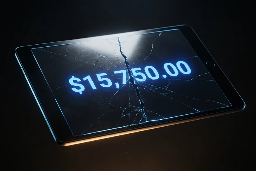 A 3D render of an ipad with broken glass with a symbolic big amount of money on the screen.
