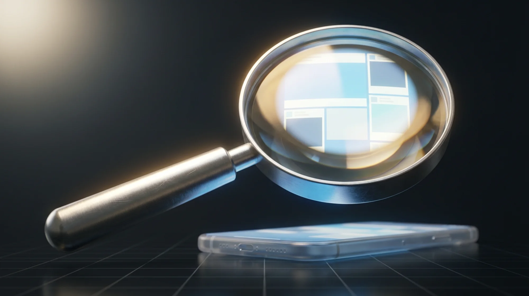 3D render of a magnifying glass and a phone
