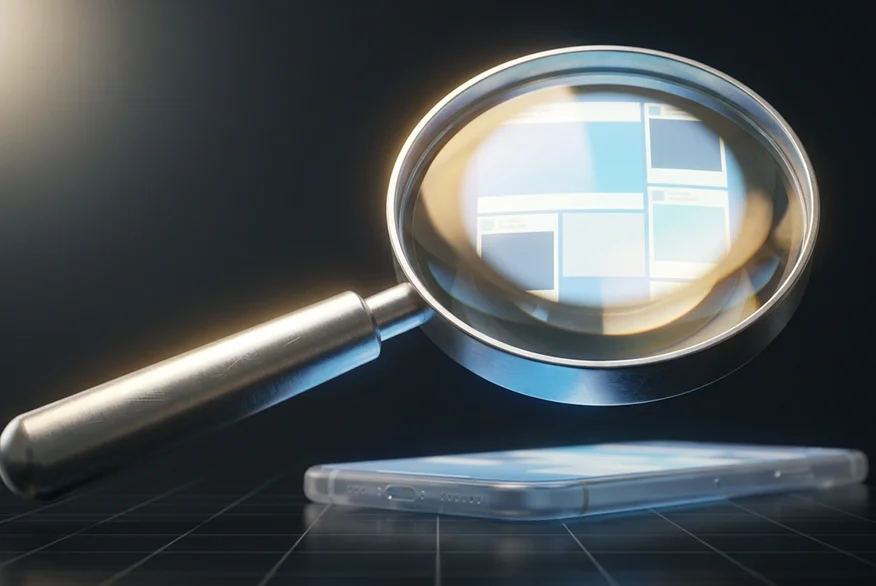 3D render of a magnifying glass and a phone