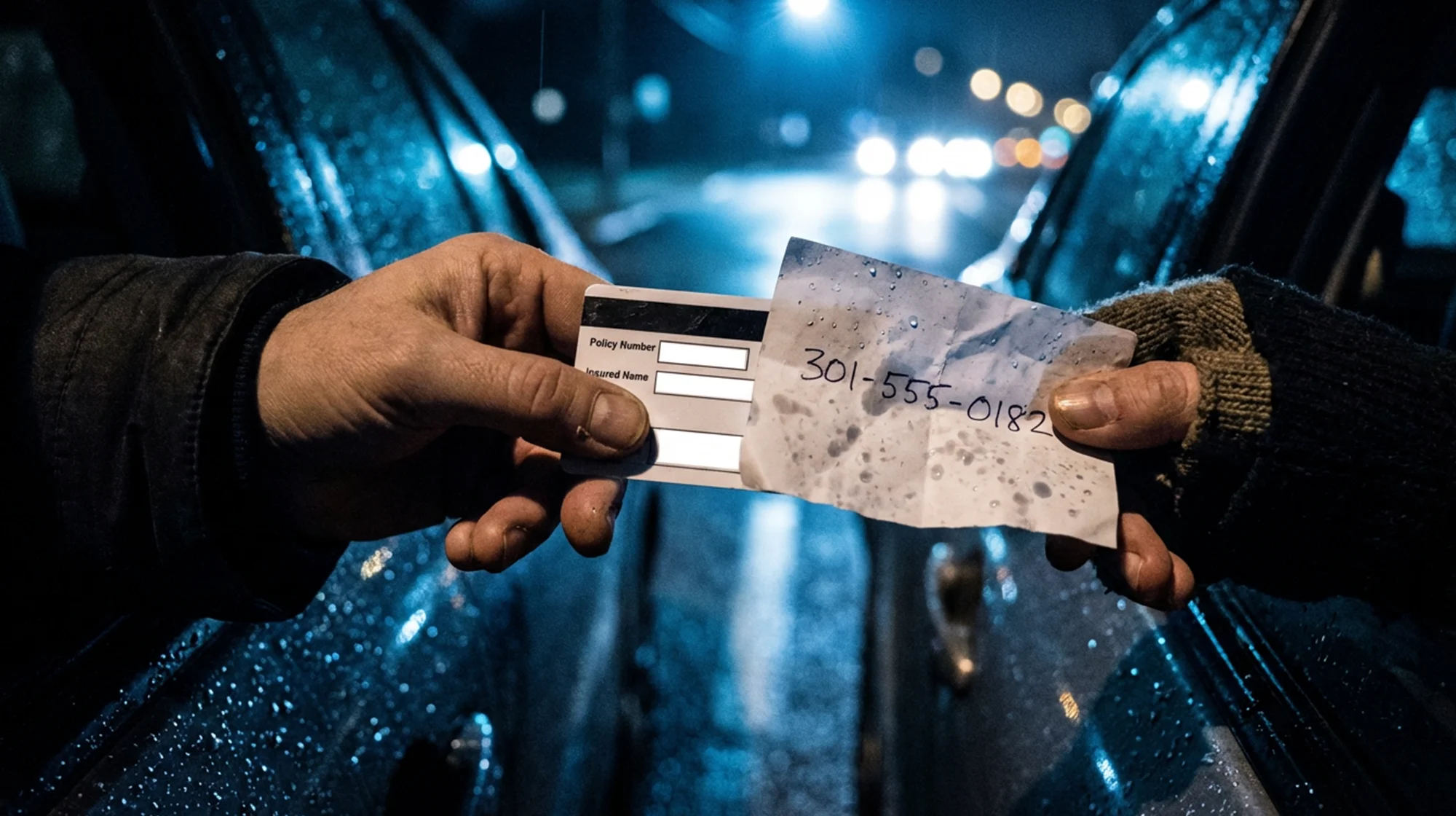 close up of two hands exchanging information through car windows