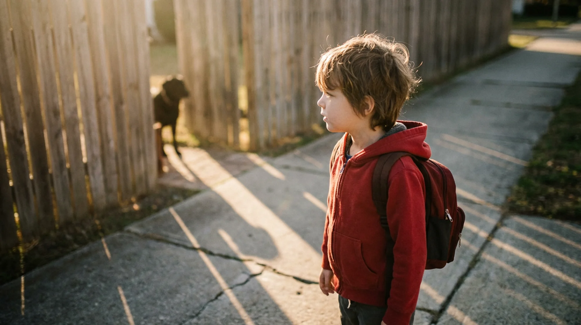 Child in a red hoodie with a backpack standing on a sunlit sidewalk, a dog by a wooden fence in the background.
