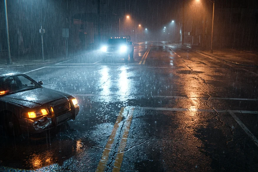 Night rain on a deserted intersection with a damaged car at left and distant headlights.