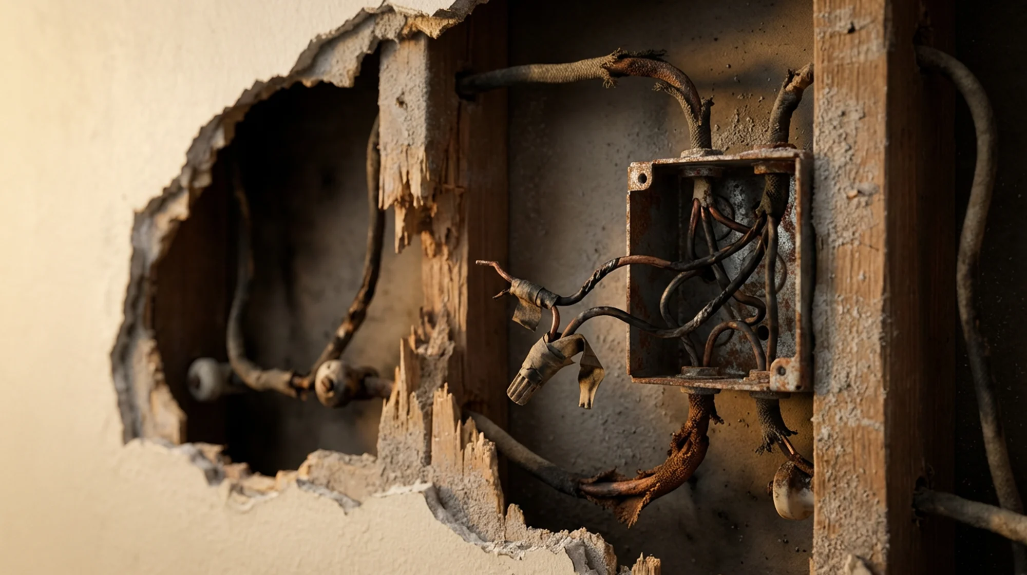 Torn wall exposing rusty electrical box with frayed wires.