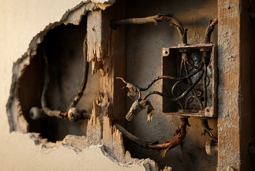 Torn wall exposing rusty electrical box with frayed wires.