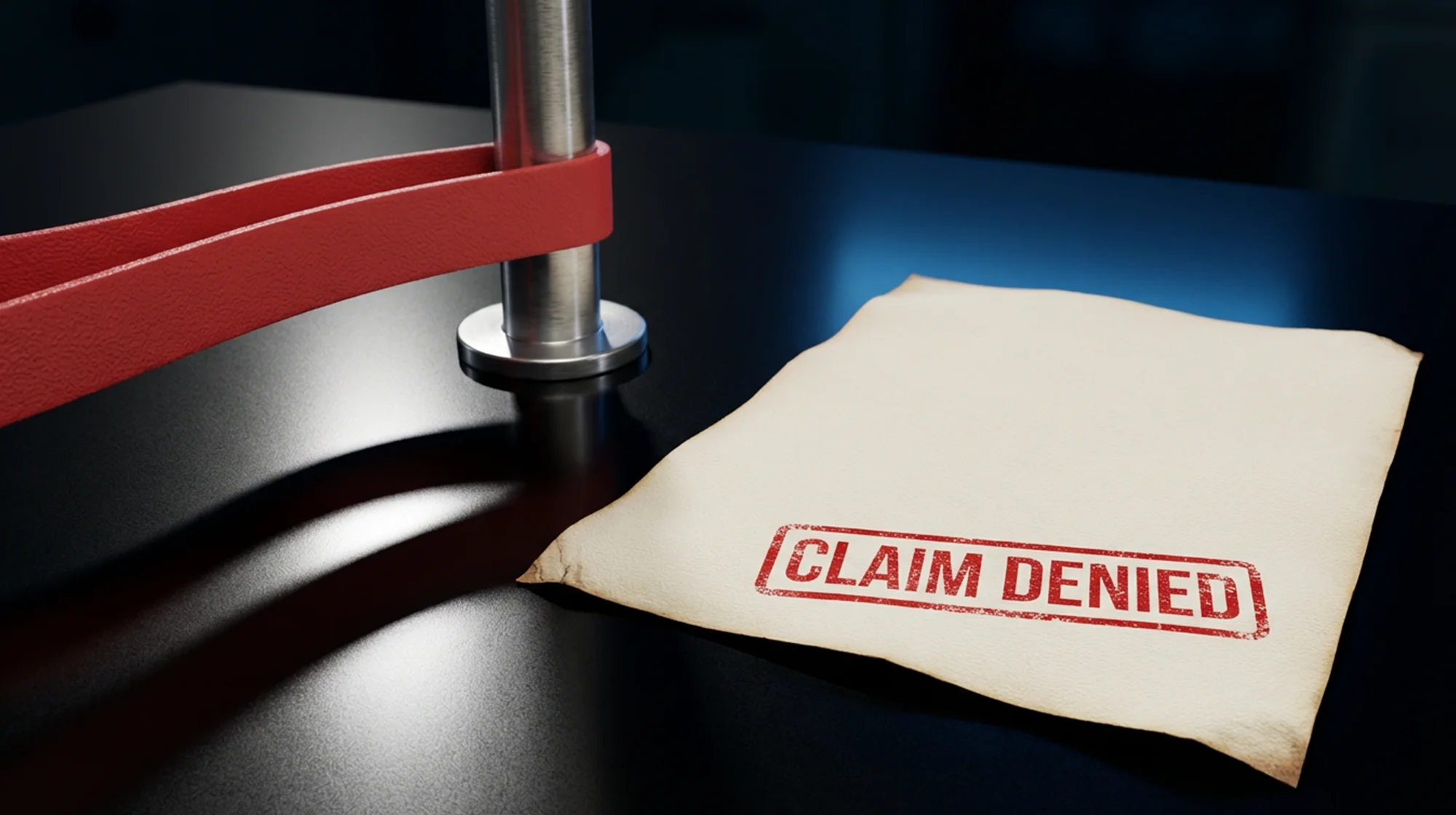 Envelope stamped "CLAIM DENIED" beside a red stamping press on a dark tabletop.