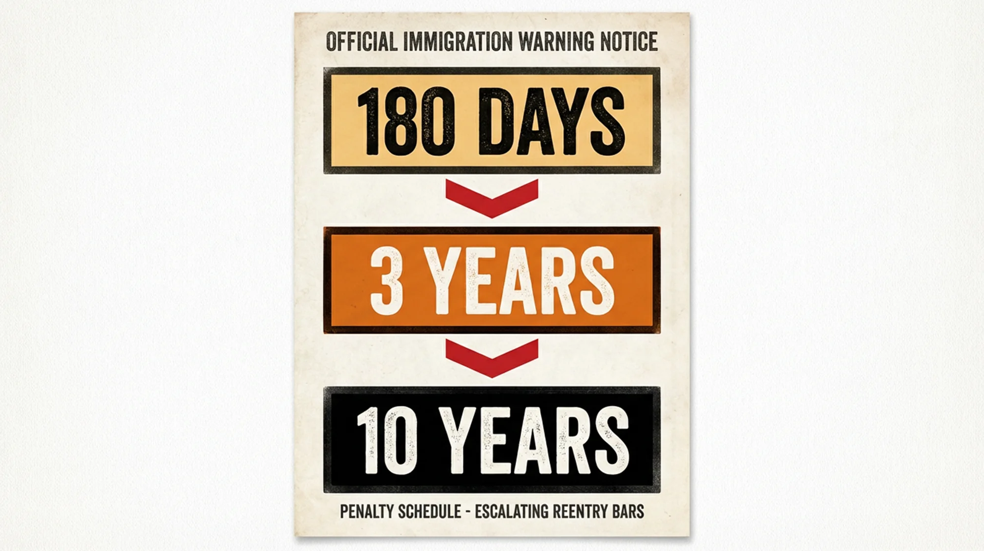 Poster showing an immigration warning with penalty schedule: 180 days, 3 years, 10 years.