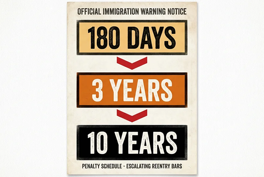 Poster showing an immigration warning with penalty schedule: 180 days, 3 years, 10 years.