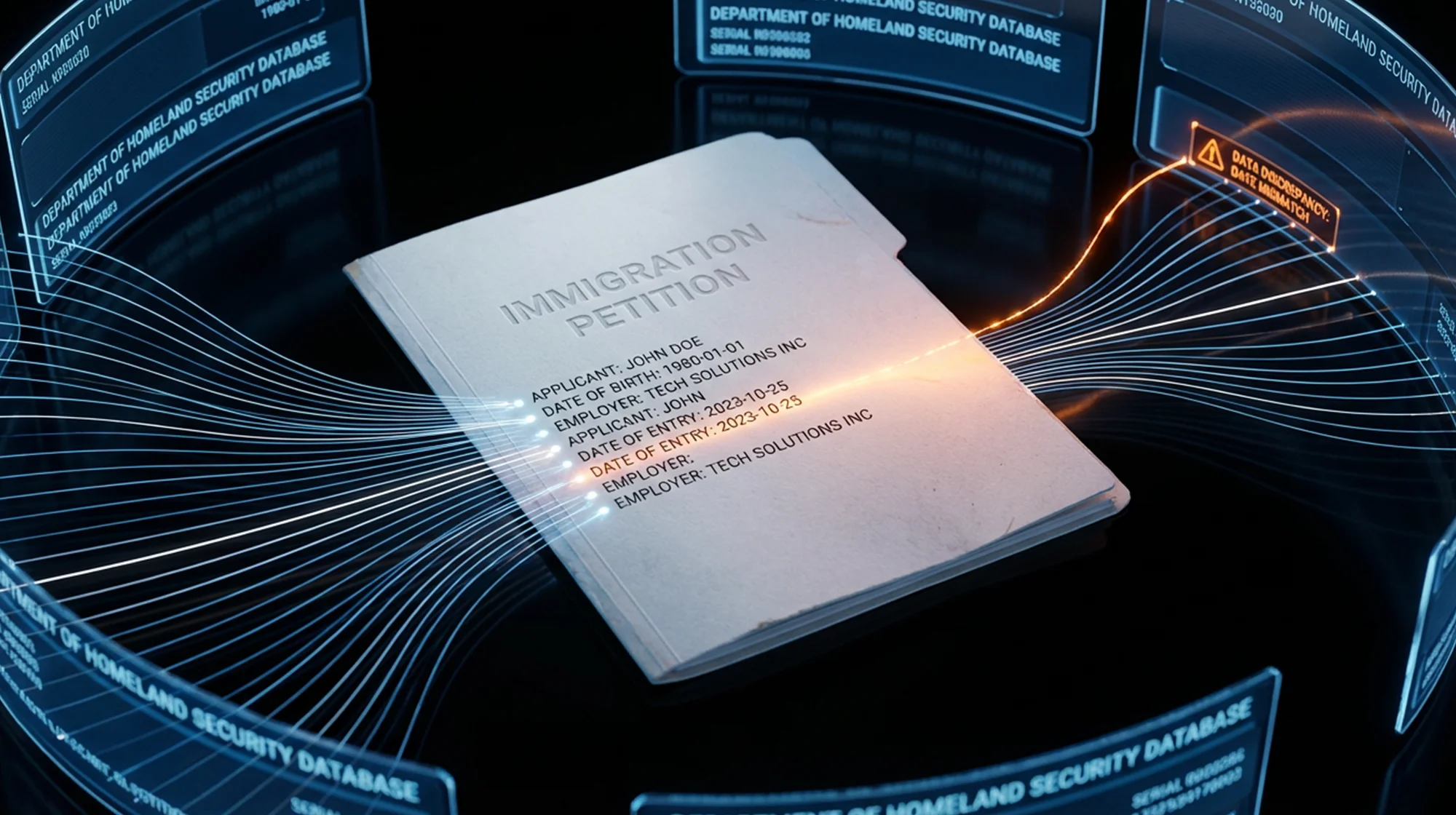 Immigration petition folder on a reflective surface, surrounded by holographic database screens and flowing data lines.
