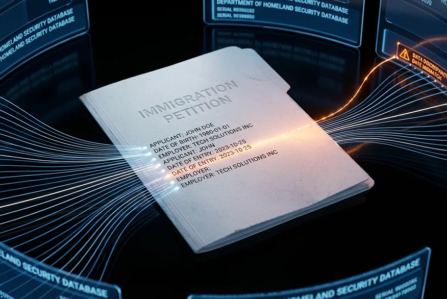 Immigration petition folder on a reflective surface, surrounded by holographic database screens and flowing data lines.