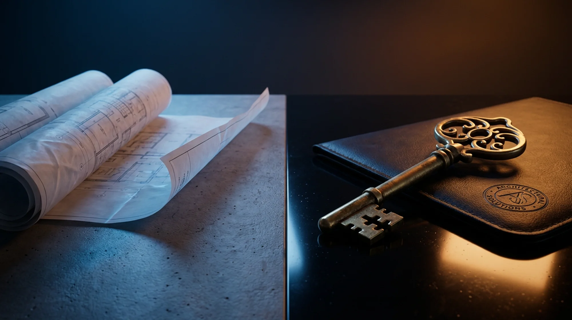 Rolled architectural blueprints beside an ornate brass key resting on a leather notebook