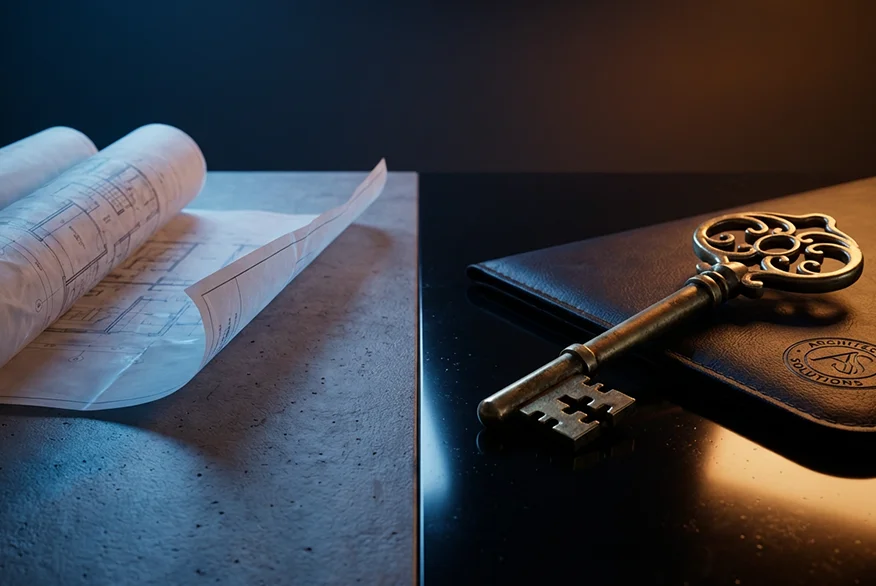 Rolled architectural blueprints beside an ornate brass key resting on a leather notebook
