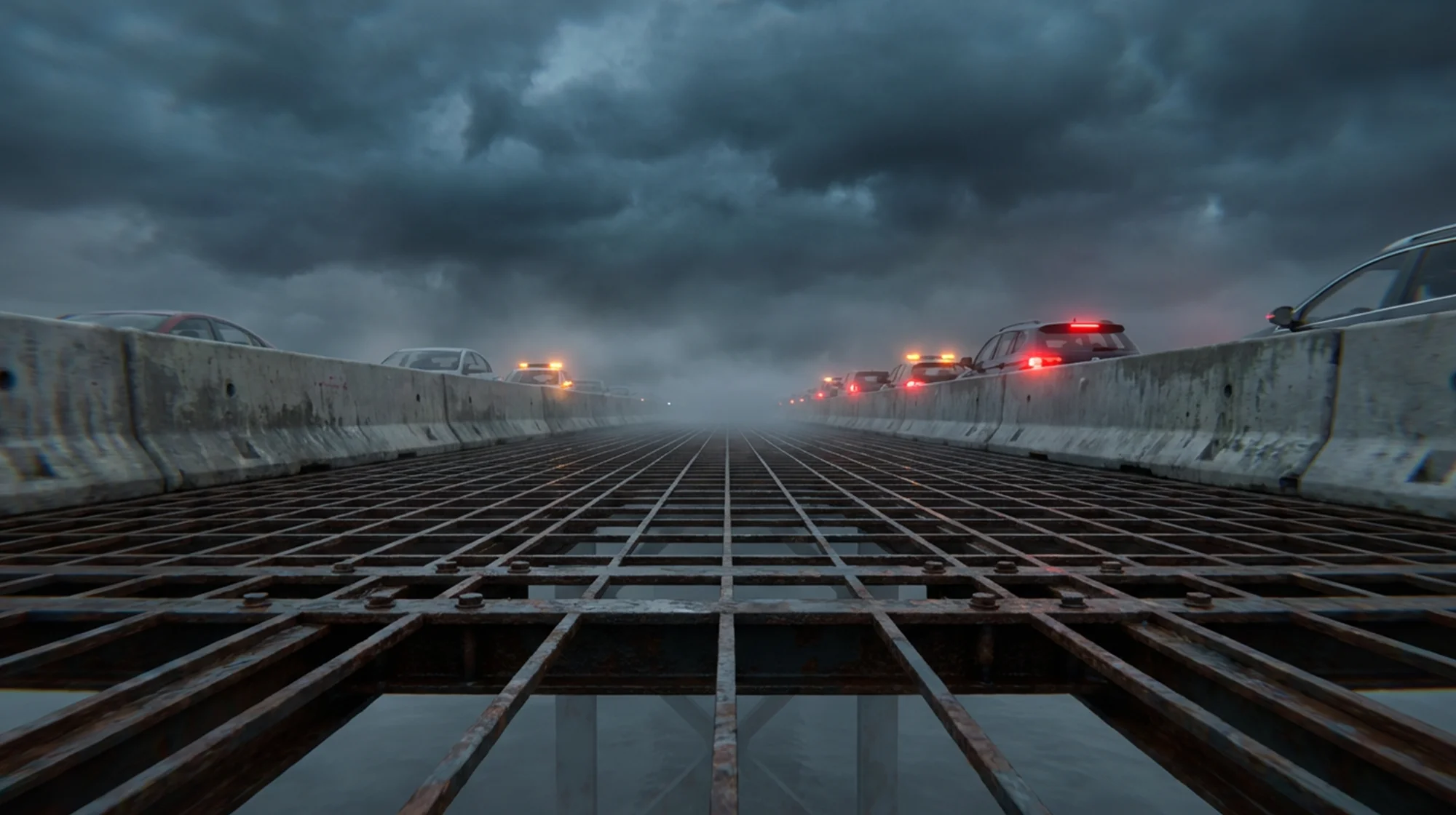 Low-angle view of rusted bridge grating, queued cars with flashing lights, and dark storm clouds.