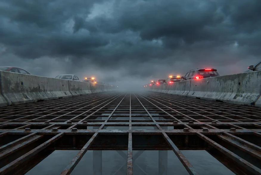 Low-angle view of rusted bridge grating, queued cars with flashing lights, and dark storm clouds.